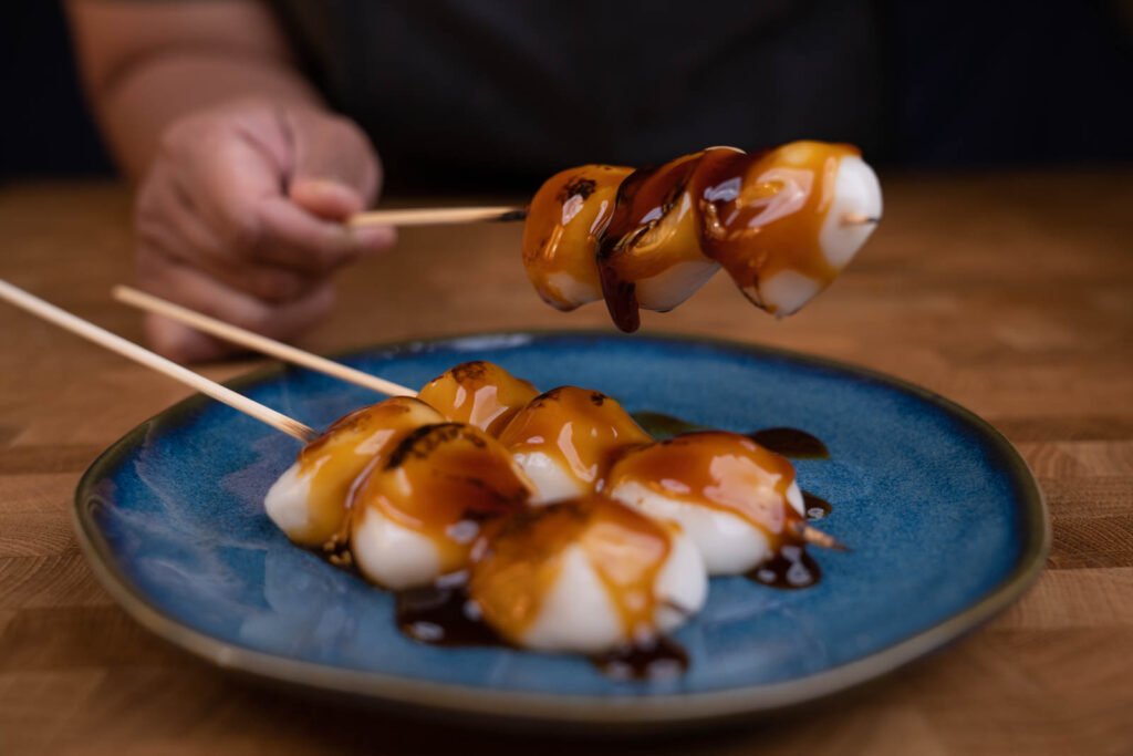 soy sauce glaze on (mitarashi) dango