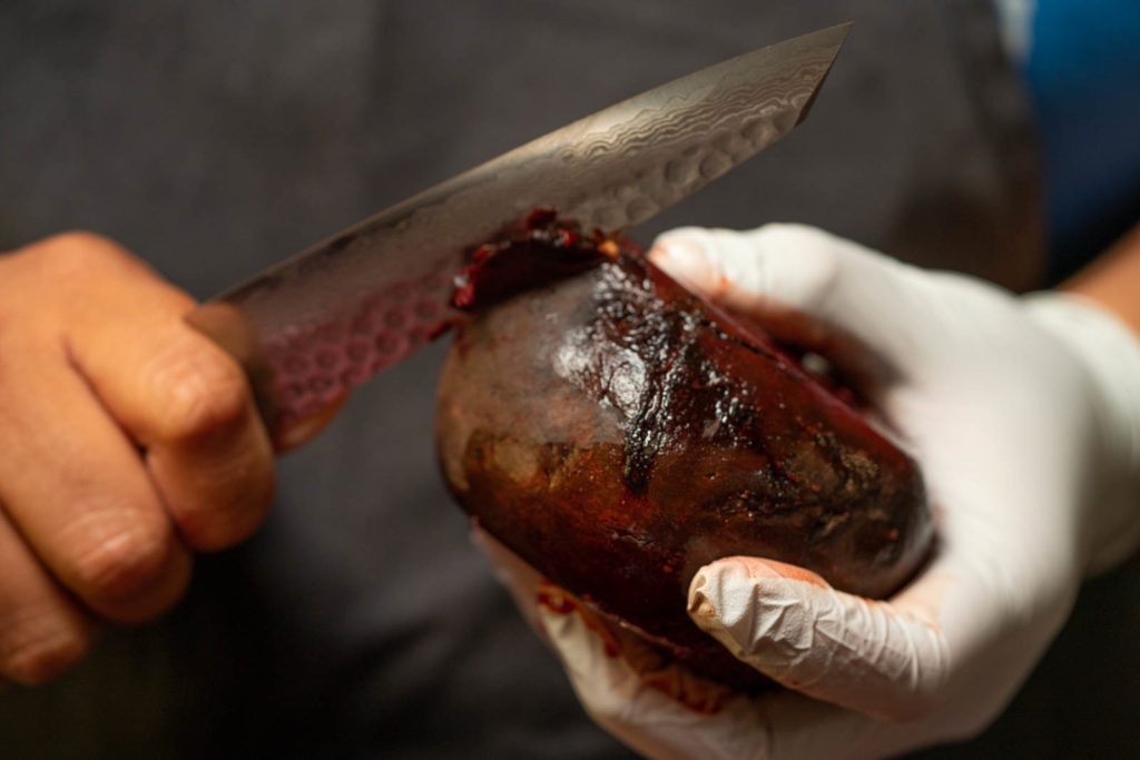 Peel skin off beets with back of knife or peeler
