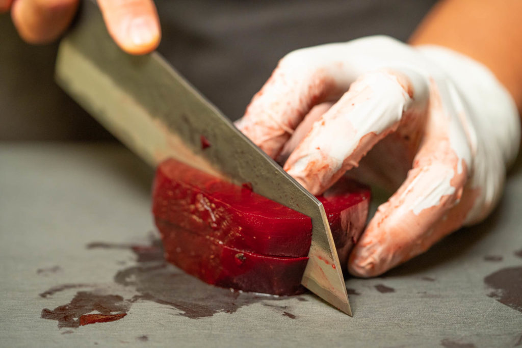 Cube beets into bite sized chunks