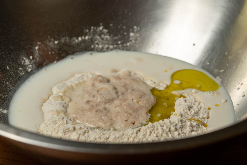 When yeast is bloomed, combine all ingredients together