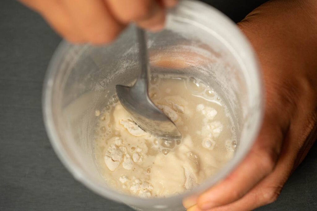 Make the pancake mix: flour, water, egg