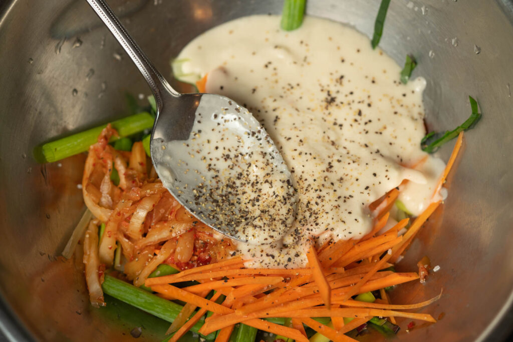Combine pancake mix, veggies, and seasoning