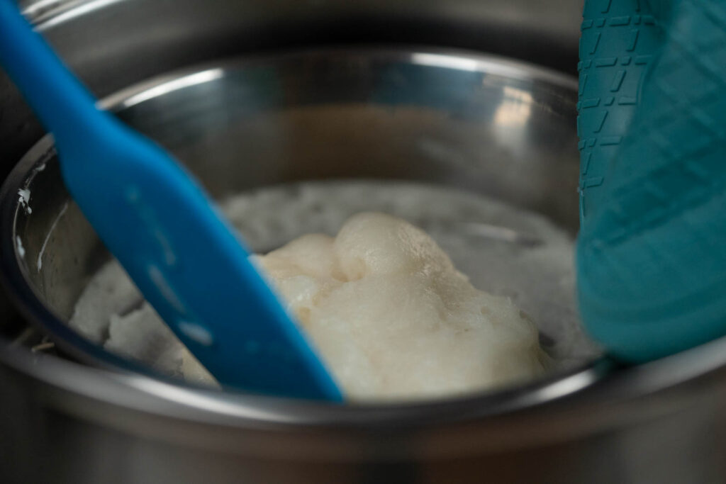 Mixing half cooked mochi dough
