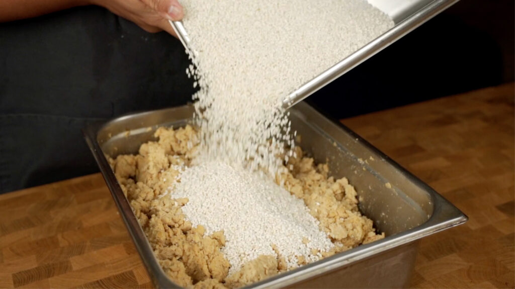 homemade miso: mix koji and salt with soybean mash