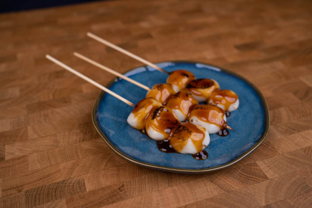 soy sauce glaze on (mitarashi) dango